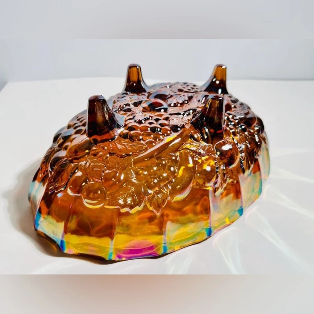 Vintage Indiana Glass Footed Amber Oval Carnival Glass Bowl